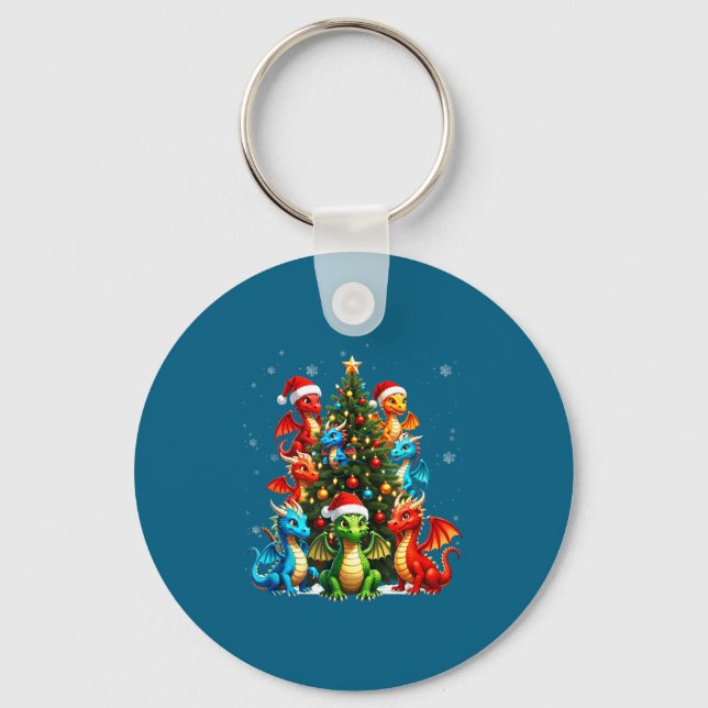 Dragon Christmas Tree Squad Santa Hat Fantasy Myth Keychain (Front)