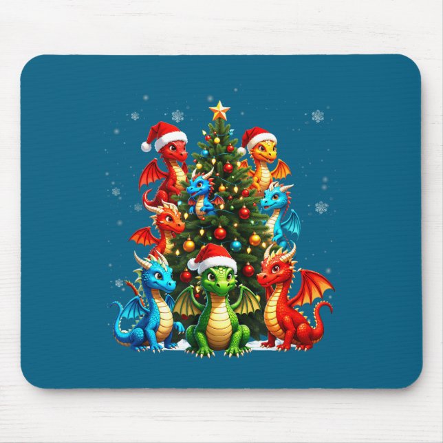 Dragon Christmas Tree Squad Santa Hat Fantasy Myth Mouse Pad (Front)