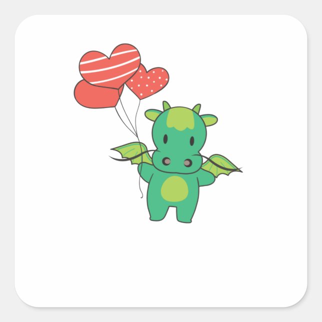 Dragon Cute Animals With Hearts Balloons To Square Sticker (Front)