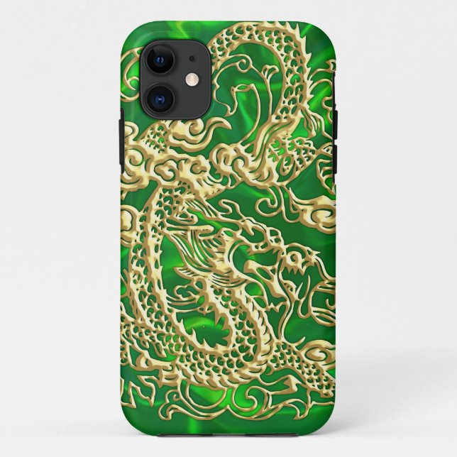 Dragon d'or bossé sur coque iphone satiné vert (Dos)