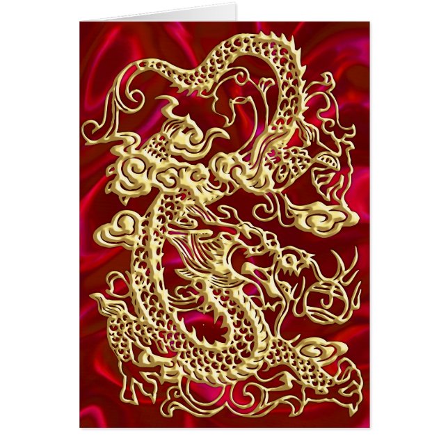 Dragon d'or embouti sur papier satin rouge (Devant)