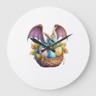 Dragon Easter Day Loves Collecting Easter Eggs Dra Large Clock