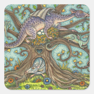 DRAGON EGGS, MEDIEVAL LAIR, FANTASY FOLK ART SQUARE STICKER