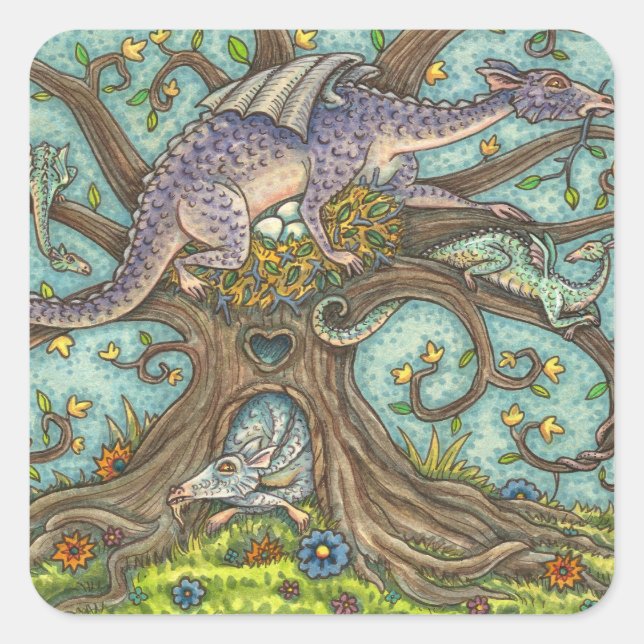 DRAGON EGGS, MEDIEVAL LAIR, FANTASY FOLK ART SQUARE STICKER (Front)