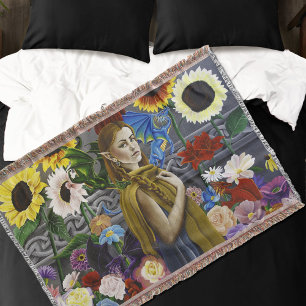 Dragon Elf Maiden Enchanted Flower Garden Fantasy Throw Blanket