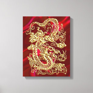 Dragon en or embouti sur impression de satin rouge