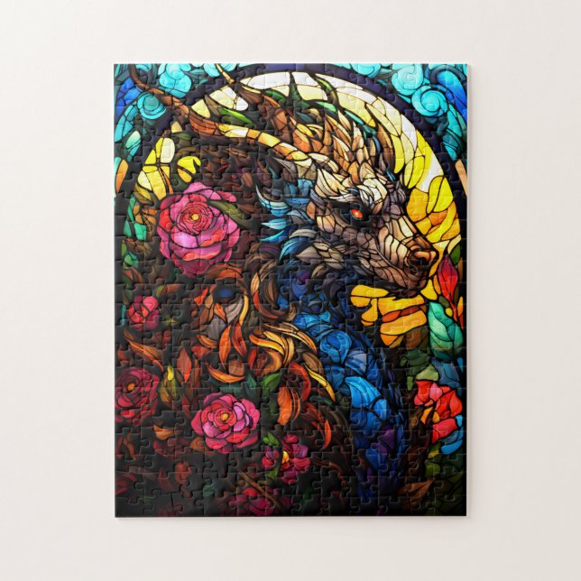 Dragon en verre tendu avec Puzzle de fleurs (Vertical)