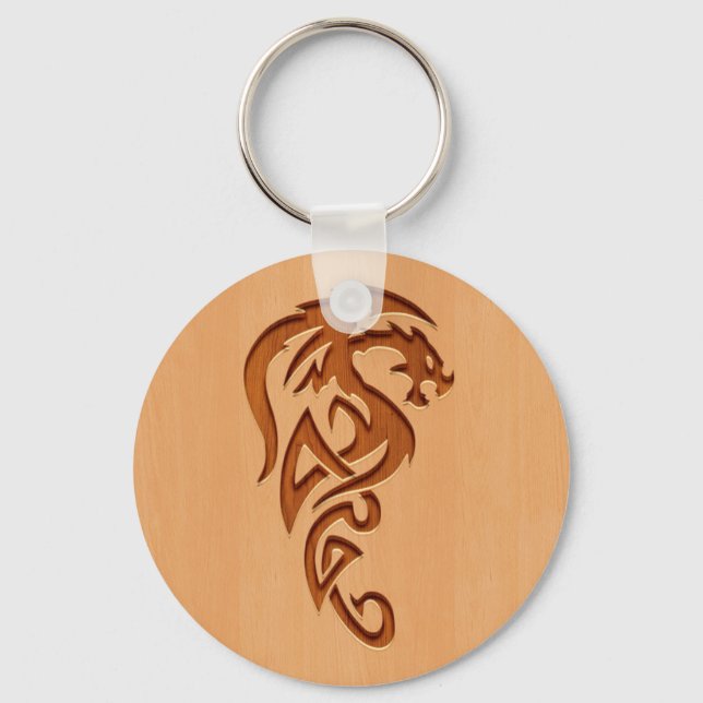 Dragon engraved on wood effect keychain (Front)