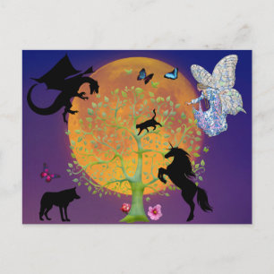Dragon Fairy Unicorn Fantasy Tree and Full Moon  Postcard