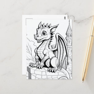 Dragon Fantasy Black and White Colouring Book Styl Postcard