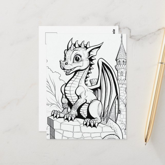 Dragon Fantasy Black and White Colouring Book Styl Postcard (Front/Back In Situ)