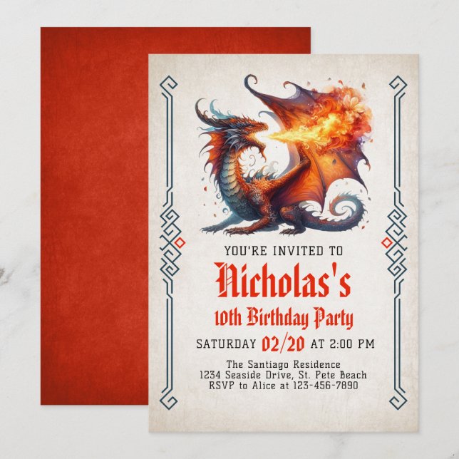 Dragon Fire Fantasy Birthday Invitation (Front/Back)