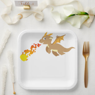 dragon fire in fairytale, happy birthday, party paper plate