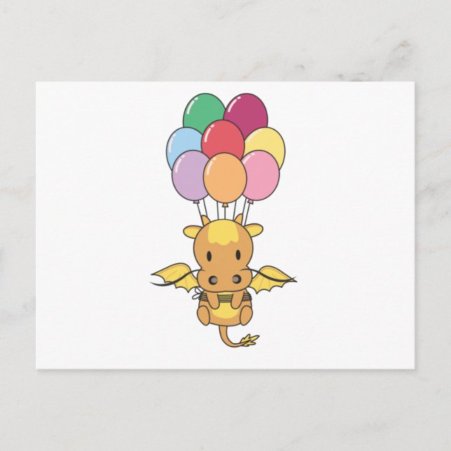 Dragon Flies Up With Colourful Balloons Postcard (Front)
