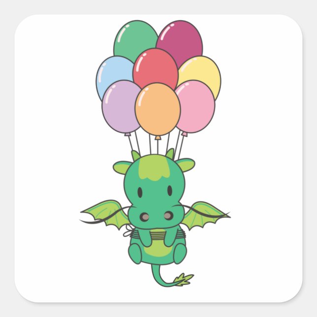 Dragon Flies Up With Colourful Balloons Square Sticker (Front)