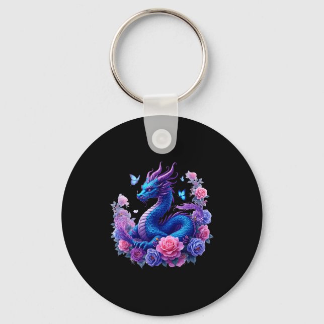 Dragon Flowers Beautiful Art Colorful Graphic  Keychain (Front)