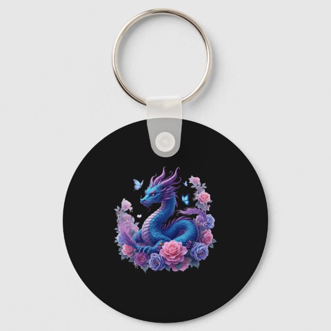 Dragon Flowers Beautiful Art Colourful Graphic  Keychain (Front)