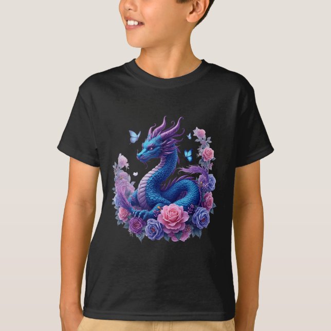 Dragon Flowers Beautiful Art Colourful Graphic  T-Shirt (Front)