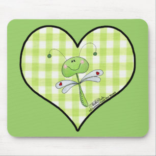 Dragon Fly in green gingham heart Mouse Pad