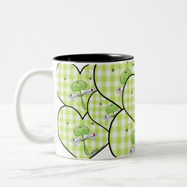 Dragon Fly in green gingham heart Two-Tone Coffee Mug (Left)