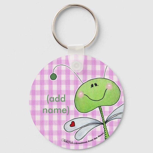 Dragon Fly on Pink Gingham Keychain (Front)
