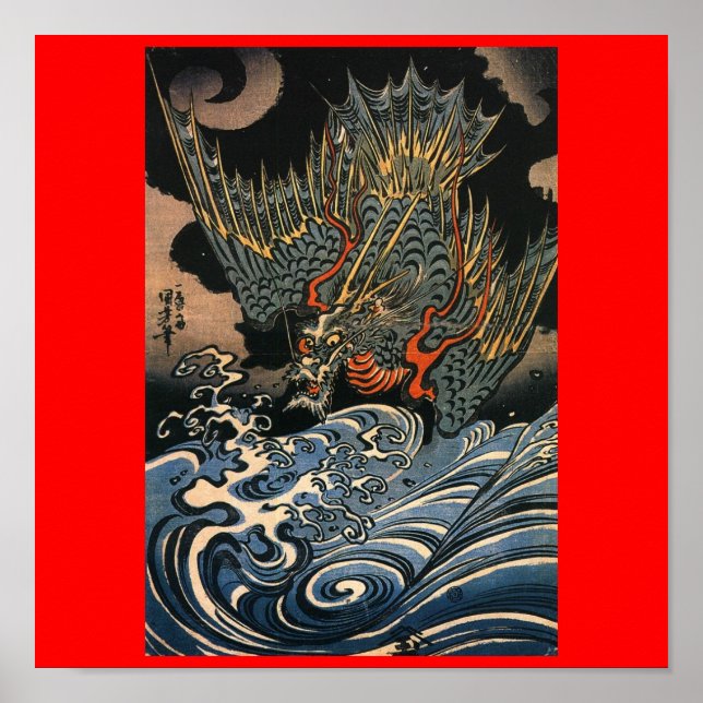 Dragon flying over the Water c. 1800's (Japan) Poster (Front)