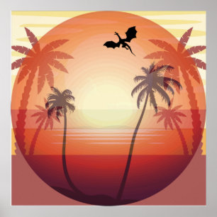 Dragon flying over tropical island at sunset poster