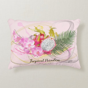 Dragon Fruit and Pink Orchid Tropical Calligraphy Decorative Pillow