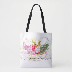 Dragon Fruit and Pink Orchid Tropical Calligraphy Tote Bag