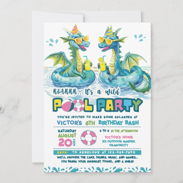Dragon Fun Pool Party Birthday Invitation (Front)