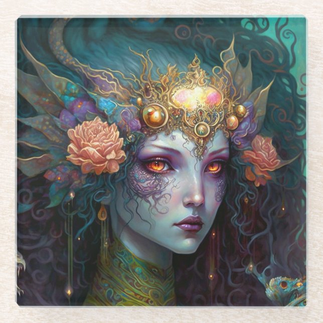 Dragon Goddess Queen Fantasy Art Glass Coaster (Front)