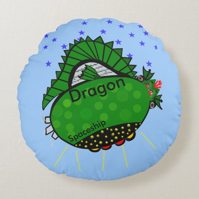 Dragon Green Spaceship Stars Kids Round Pillow (Front)