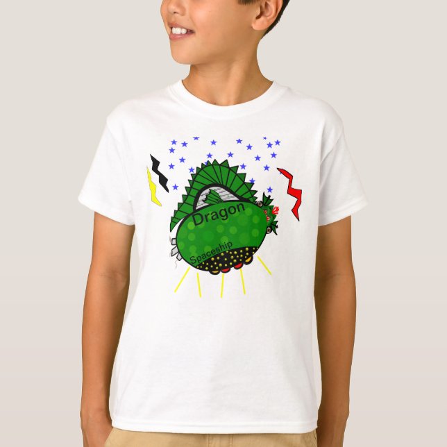 Dragon Green Spaceship Stars Lightning Bolts T-Shirt (Front)