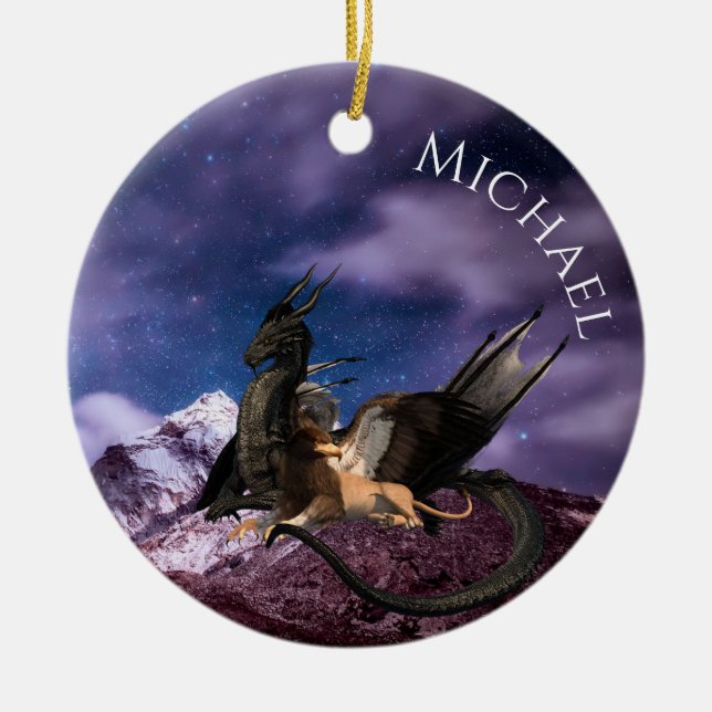 Dragon Griffin Fantasy Landscape Personalized Ceramic Ornament (Front)