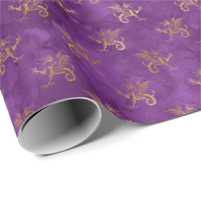 Dragon Halloween Spell Gold Purple Pattern Wrapping Paper (Roll Corner)