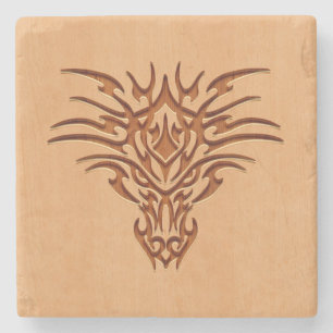 Dragon head engraved on wood effect stone coaster