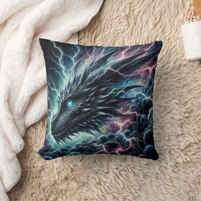 Dragon Head in a Thunderstorm with Lightning Throw Pillow (Blanket)