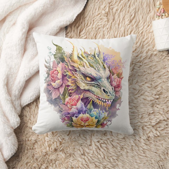 Dragon Head with Flowers Throw Pillow (Blanket)