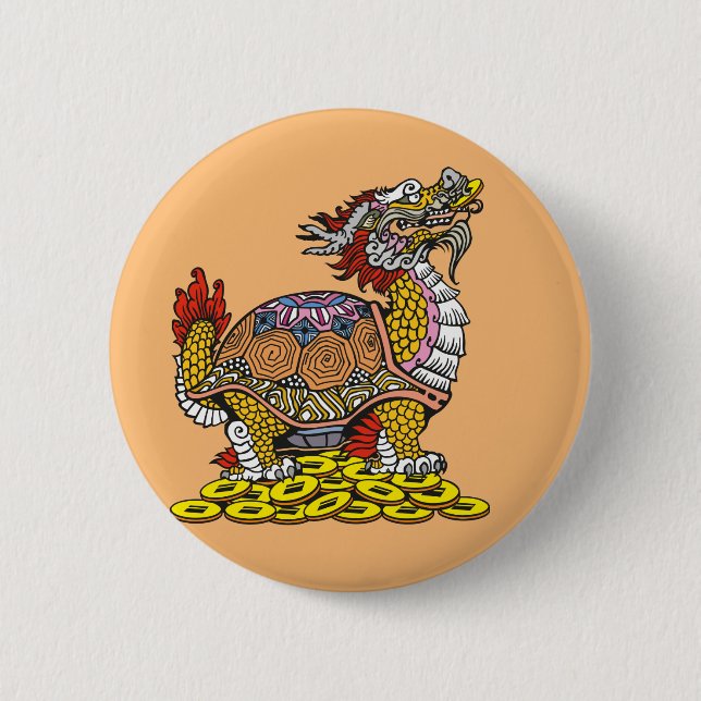 Dragon-headed Turtle sitting on a lot of coins But 2 Inch Round Button (Front)
