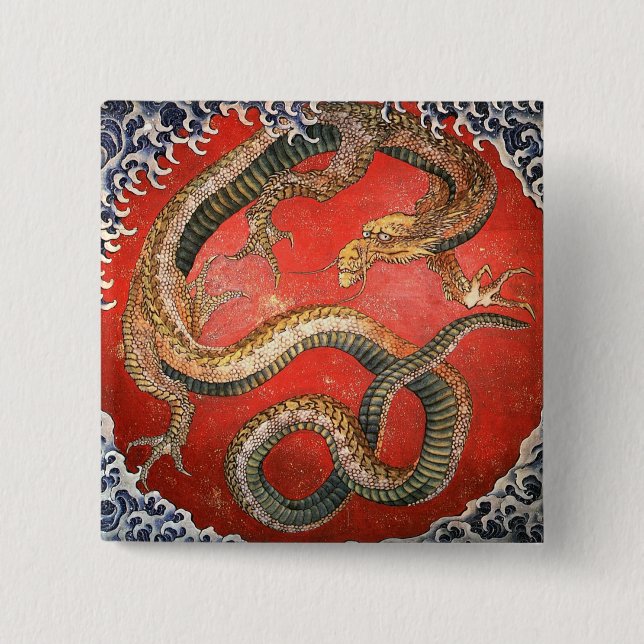 Dragon, Hokusai Japanese Fine Art 2 Inch Square Button (Front)