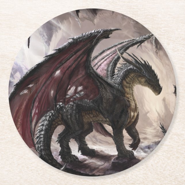 Dragon In Cave Round Paper Coaster (Front)