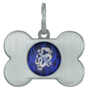 Dragon in Chrome like blue Carbon Fibre Style Pet Name Tag