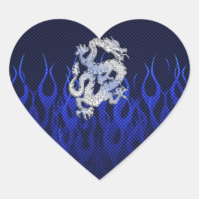 Dragon in Chrome like blue Carbon Fibre Styles Heart Sticker (Front)