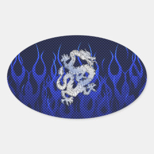 Dragon in Chrome like blue Carbon Fibre Styles Oval Sticker