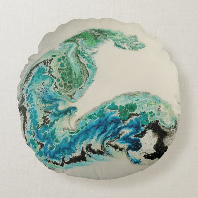 “Dragon in the Waves – Abstract Ocean Energy Round Pillow (Front)