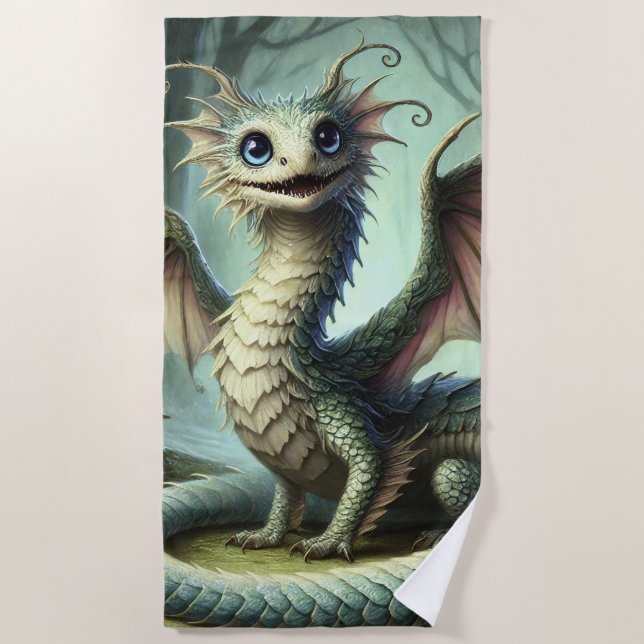 Dragon Jabberwocky Cute Fantasy Creature Art Beach Towel (Front)