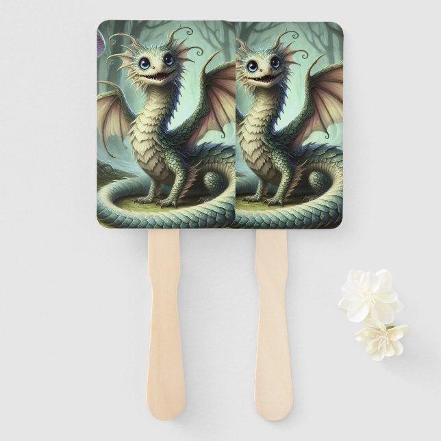 Dragon Jabberwocky Cute Fantasy Creature Art Hand Fan (Front and Back)