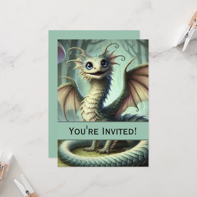 Dragon Jabberwocky Cute Fantasy Creature Art Invitation (Front/Back In Situ)