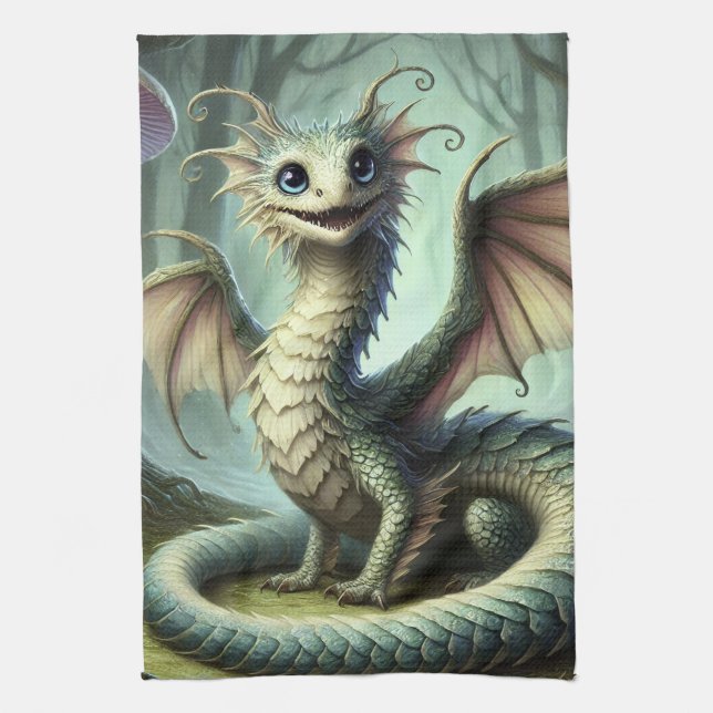 Dragon Jabberwocky Cute Fantasy Creature Art Kitchen Towel (Vertical)