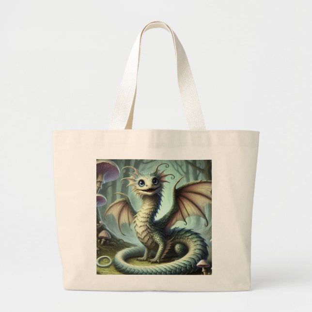 Dragon Jabberwocky Cute Fantasy Creature Art Large Tote Bag (Front)